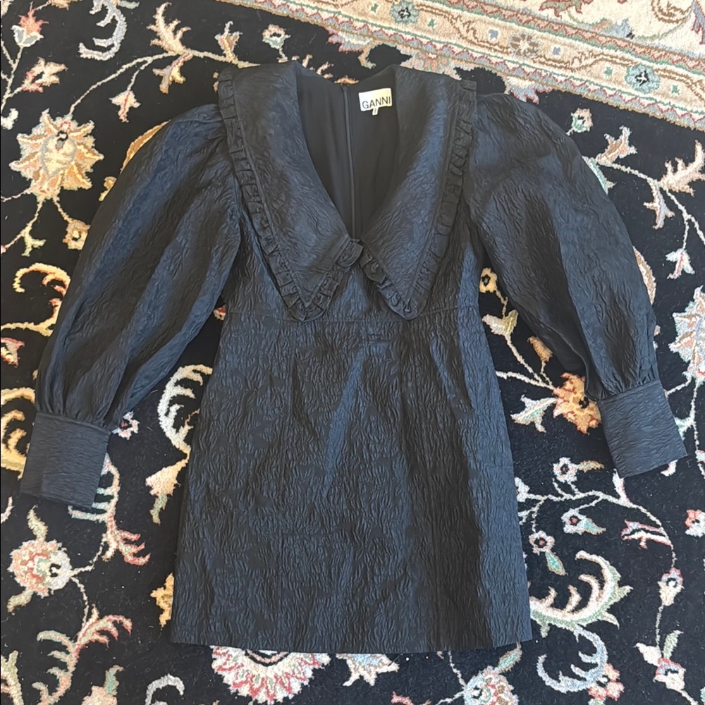 Ganni Blue Puff Sleeve Blouse with Sailor Collar